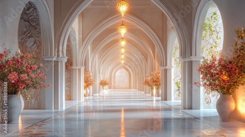 Elegant arched hallway with ornate detailing and floral arrangements
