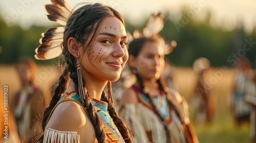 A young Indigenous woman with braided hair and traditional attire smiles confidently, surrounded by fellow community members during a cultural celebration. photo