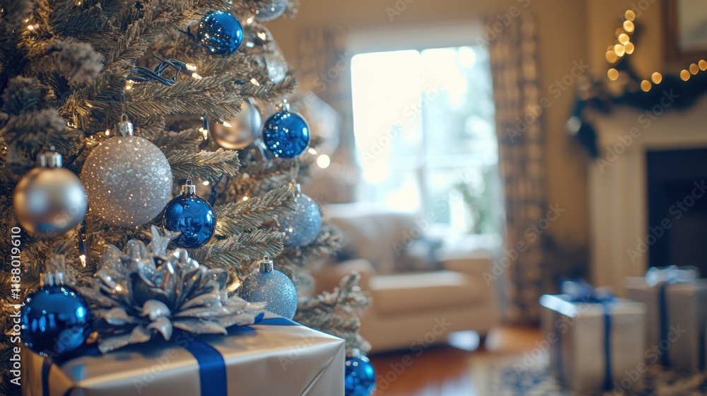 A Christmas morning scene with presents under a tree decorated in silver and blue ornaments, ready to be unwrapped in a cozy family home. A Christmas morning scene with presents under a tree decorated in silver and blue ornaments, ready to be unwrapped in a cozy family home.