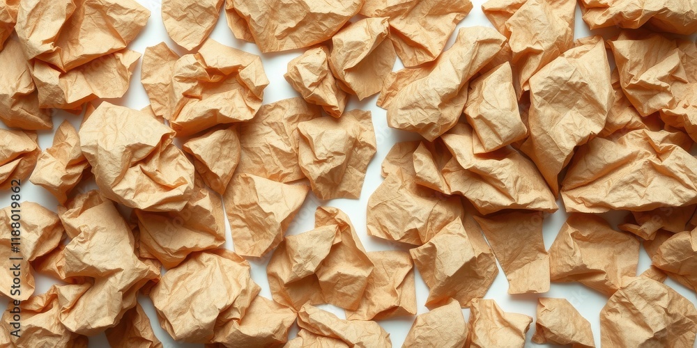 A Close-Up View of a Scattered Collection of Crumpled Brown Paper, Presenting a Texture of Wrinkles and Folds, Depicting the Concept of Discarding and Recycling A Close-Up View of a Scattered Collection of Crumpled Brown Paper, Presenting a Texture of Wrinkles and Folds, Depicting the Concept of Discarding and Recycling