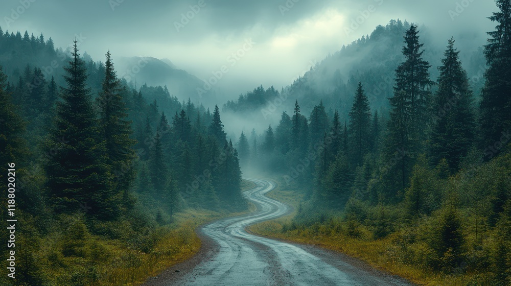 A winding mountain road through a forest, with misty peaks visible in the background A winding mountain road through a forest, with misty peaks visible in the background