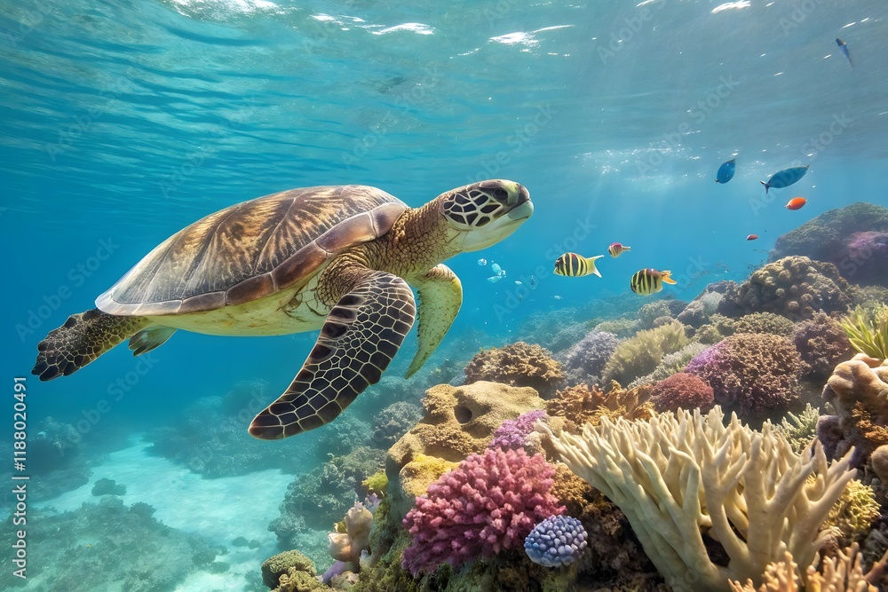 Fototapeta premium Underwater Sea Turtle Coral Reef Ocean Wildlife