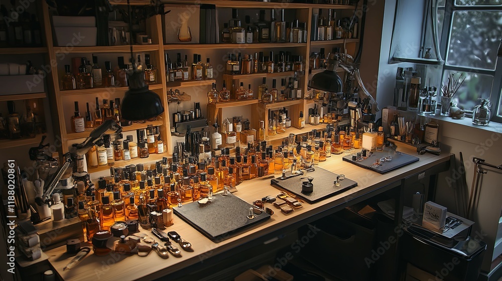 Perfume Atelier: Amber-hued Bottles in a Warm, Intimate Workspace Perfume Atelier: Amber-hued Bottles in a Warm, Intimate Workspace