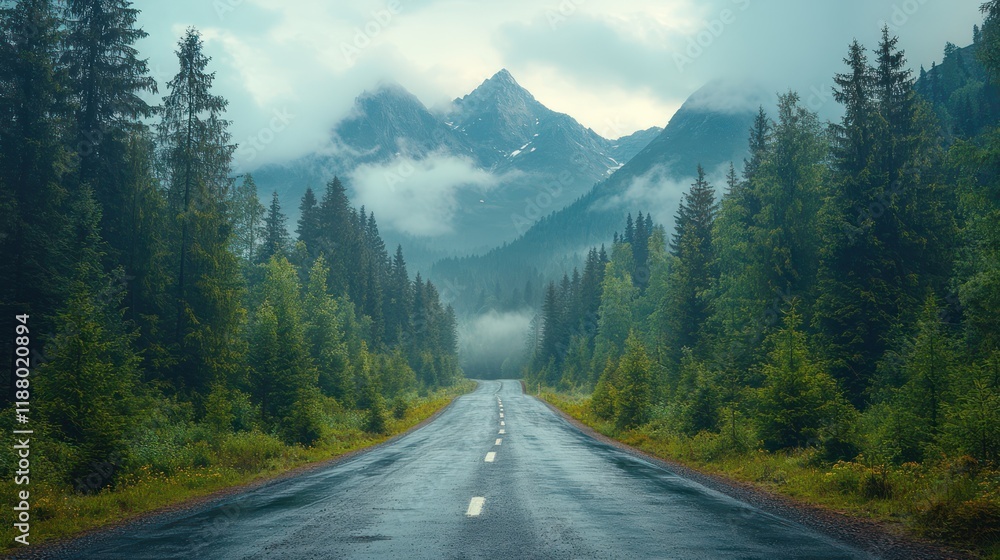 A winding mountain road through a forest, with misty peaks visible in the background A winding mountain road through a forest, with misty peaks visible in the background