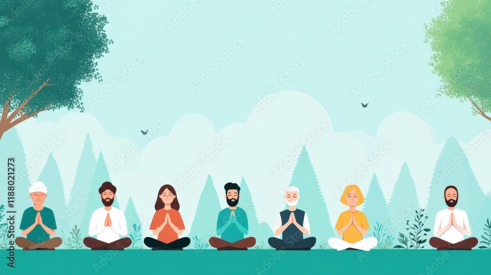 Peaceful Meditation Scene with Diverse People Practicing Mindfulness in Nature Surrounded by Green Trees and Serene Atmosphere for Wellness and Relaxation Peaceful Meditation Scene with Diverse People Practicing Mindfulness in Nature Surrounded by Green Trees and Serene Atmosphere for Wellness and Relaxation