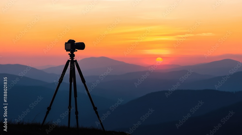 A tripod and camera silhouetted against a breathtaking mountain sunrise. A tripod and camera silhouetted against a breathtaking mountain sunrise.