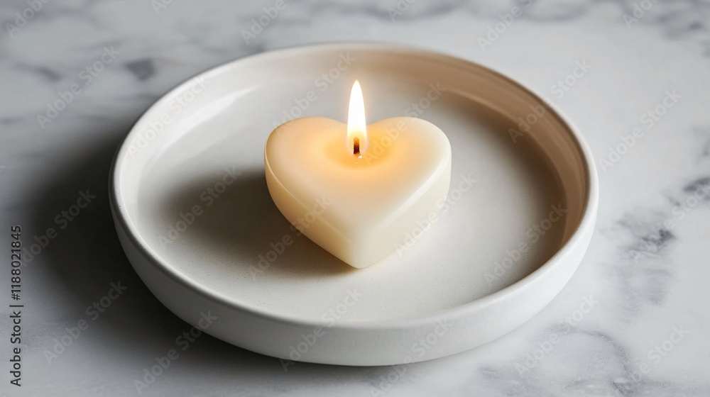 A minimal candle in the shape of a heart, placed on a white ceramic plate A minimal candle in the shape of a heart, placed on a white ceramic plate