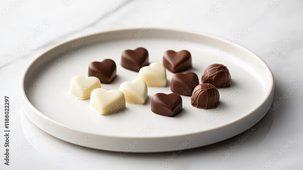 A minimalist display of heart-shaped chocolates on a white ceramic plate A minimalist display of heart-shaped chocolates on a white ceramic plate