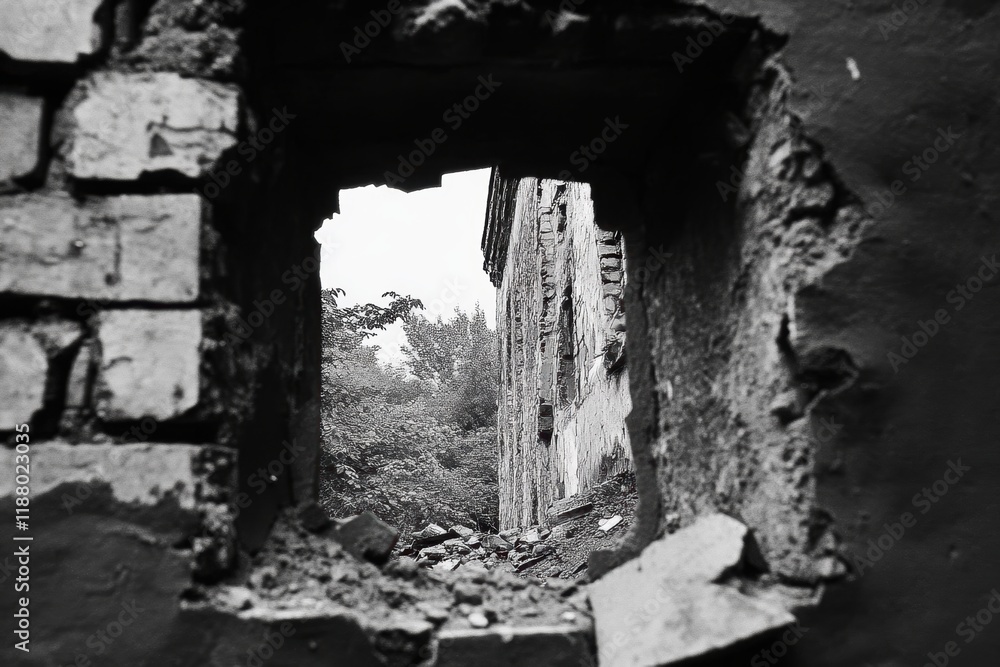 Fototapeta premium Broken wall reveals overgrown ruin; decay, nature reclaiming