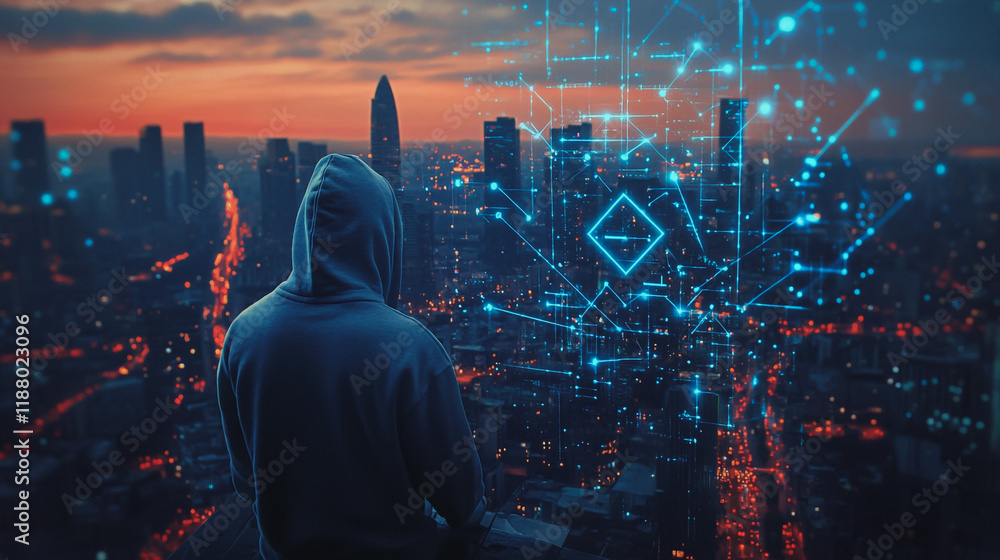 Fototapeta premium Hacker are planning to hack and attack networks and cyber security systems. Smart digital city with connection cyber security network reciprocity over the cityscape .