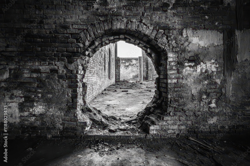 Fototapeta premium Ruined brick archway reveals decaying building interior