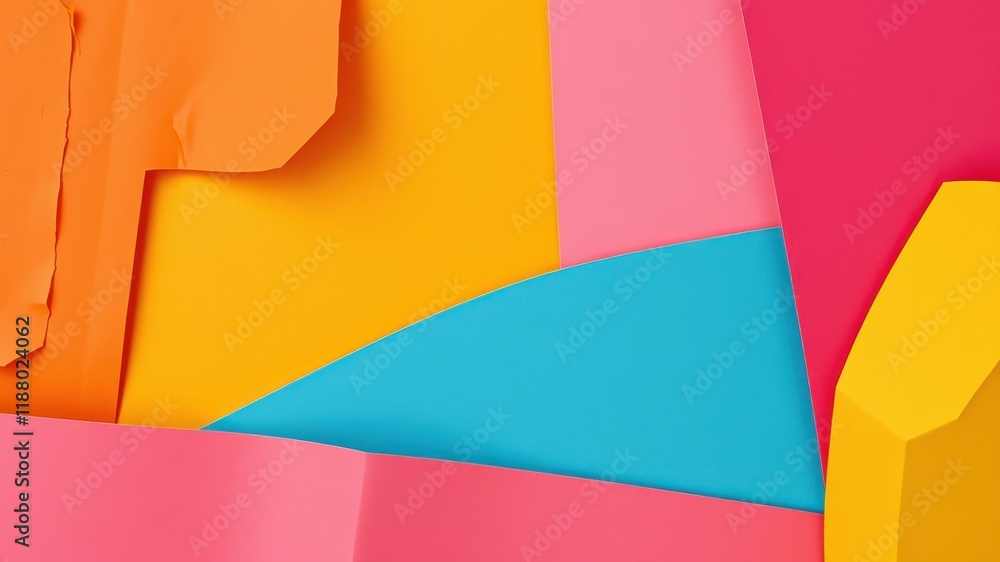 Obraz premium Abstract Geometric Composition Featuring Vibrant Orange, Yellow, Pink, and Blue Paper Overlays