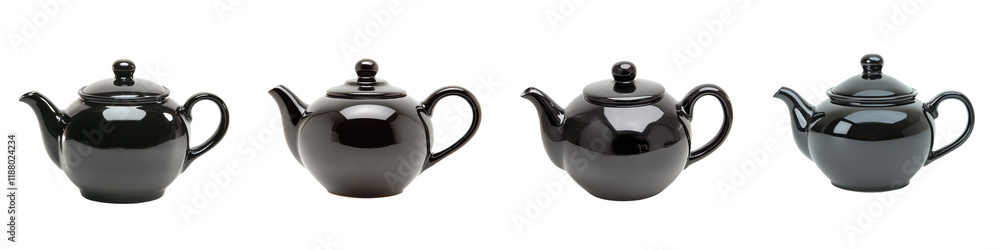 A set of classic black ceramic teapots arranged in a minimalist elegant still life composition on a white background The teapots feature a traditional A set of classic black ceramic teapots arranged in a minimalist elegant still life composition on a white background The teapots feature a traditional