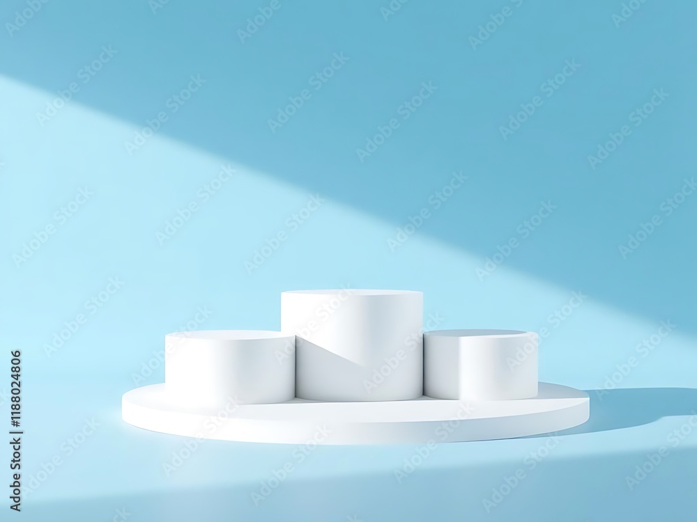 Two blue podiums on blue background with shadows. Perfect platform for your product. Three dimensional illustration Two blue podiums on blue background with shadows. Perfect platform for your product. Three dimensional illustration