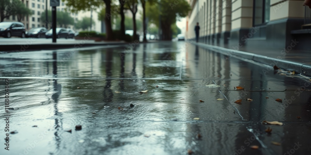 A low angle perspective of wet pavement with scattered leaves reflecting the cityscape in puddles after a rainfall A low angle perspective of wet pavement with scattered leaves reflecting the cityscape in puddles after a rainfall