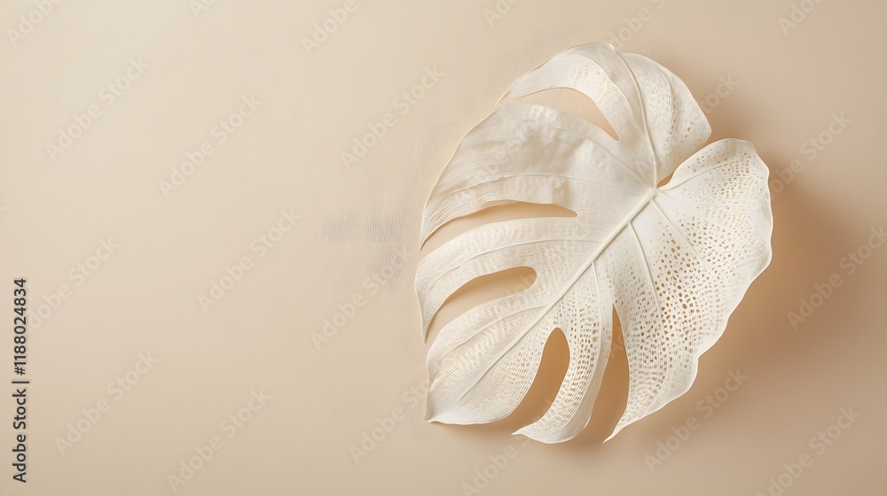 Obraz premium Delicate White Monstera Leaf on Beige Background