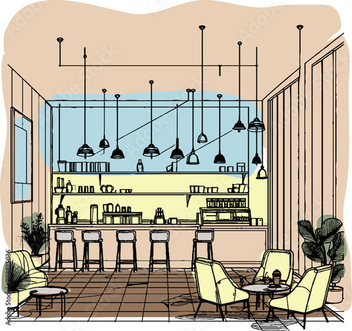 interior and mood for coffee shop line art