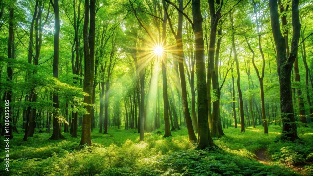 Fototapeta premium Lush green forest with sunlight filtering through leaves , nature photography