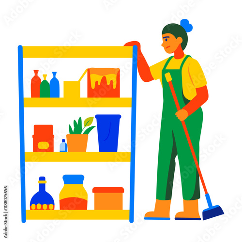 Maid cleaning storage racks, flat style illustration