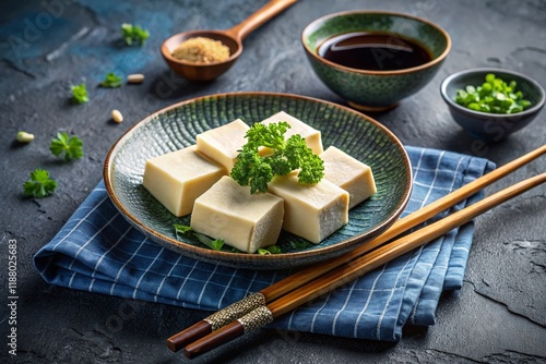 Vegan Tofu Yuba Skin Dish: Healthy East Asian Cuisine on Blue Plate photo