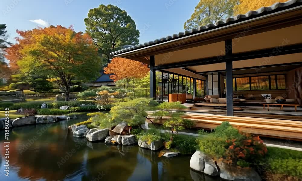 Serene Japanese Garden with Modern House and Autumnal Foliage Serene Japanese Garden with Modern House and Autumnal Foliage