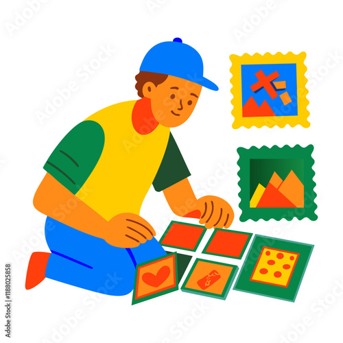 A flat illustration of boy collecting stamps