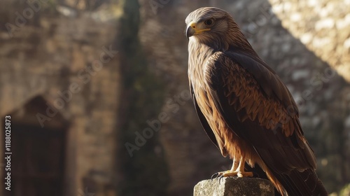 A close-up of a black kite perched on a fence post in Monfrage, its feathers ruffled slightly by a gentle breeze. photo