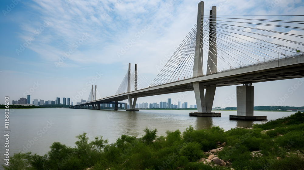 Modern cable-stayed bridge spanning river, cityscape backdrop, sunny day, transportation infrastructure Modern cable-stayed bridge spanning river, cityscape backdrop, sunny day, transportation infrastructure
