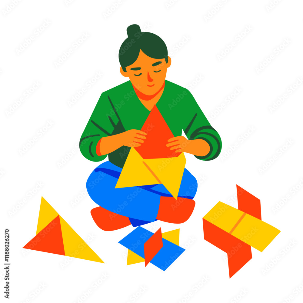 A flat character illustration of girl doing origami A flat character illustration of girl doing origami