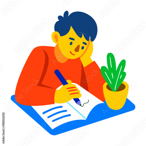 A flat character illustration of author writing in book