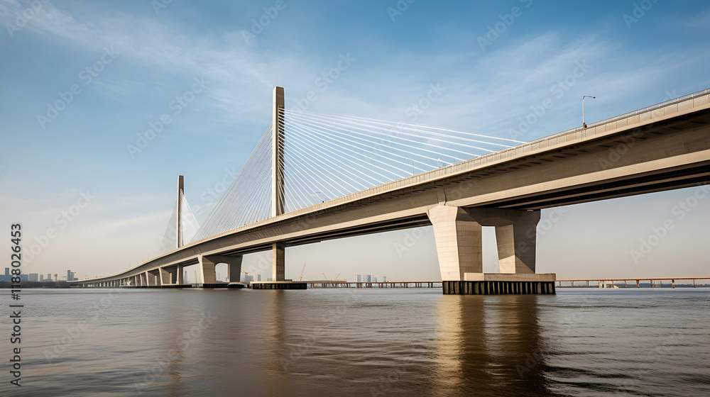 Modern cable-stayed bridge over calm river, city skyline in background Modern cable-stayed bridge over calm river, city skyline in background