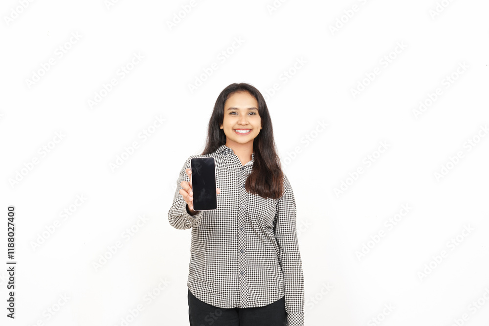 Smiling presenting and holding blank screen smartphone showing apps, web or ad Of Beautiful Asian Woman Isolated On White Background Smiling presenting and holding blank screen smartphone showing apps, web or ad Of Beautiful Asian Woman Isolated On White Background