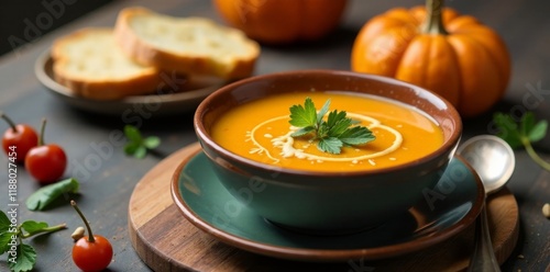 Cozy autumnal soup on a plain table with bread and greenery , comfort food, plant-based diet, autumn winter creamy vegan soups vegetarian comfort food photo