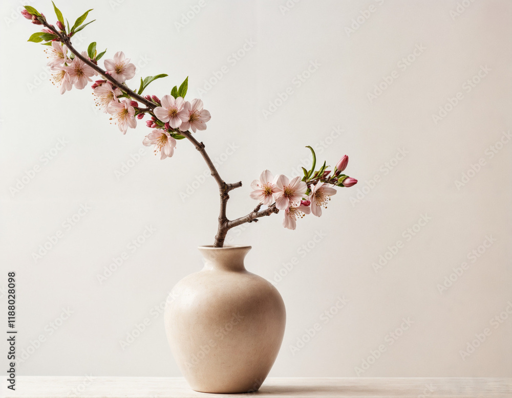Peach blossoms are blooming on the table, white background Peach blossoms are blooming on the table, white background
