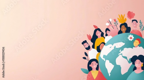 Diverse group of people surrounding a globe, celebrating unity and cultural diversity with floral elements, representing global awareness and collaboration in a colorful illustration