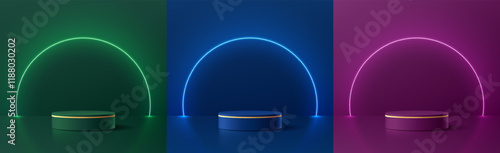 Set of 3D dark green, blue, purple cylindrical podium background with round glow neon light backdrop wall scene. Minimalist mockup pedestal, Abstract product display presentation, Stage for showcase.