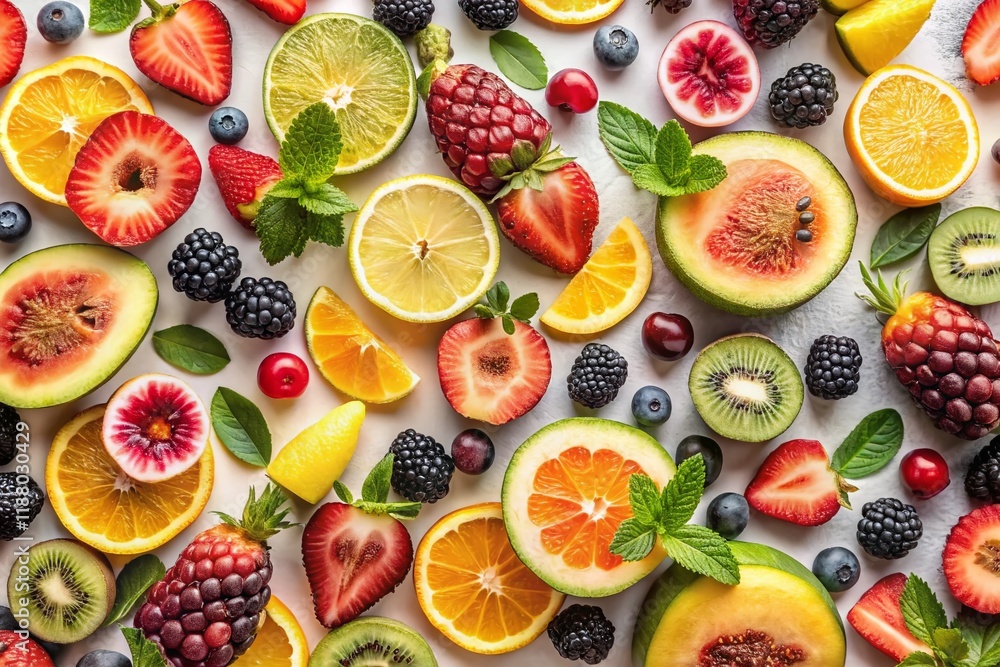 Vibrant Fruit Flat Lay: Summer Citrus & Berries on White Vibrant Fruit Flat Lay: Summer Citrus & Berries on White