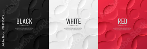 Set of red, black and white abstract background 3D round circles pattern with light, shadow. Neumorphism style. Simple template banner collection design. Modern futuristic concept. Vector illustration