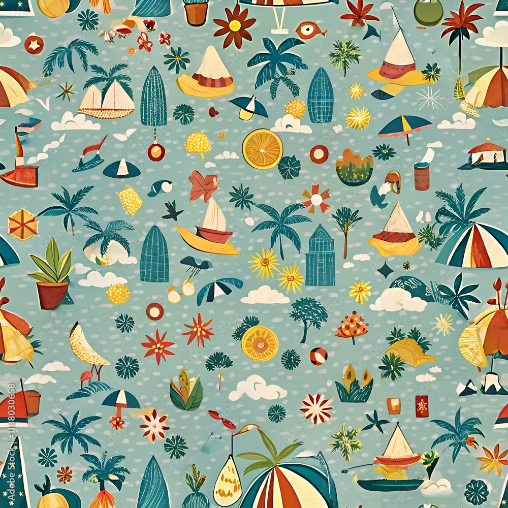 A whimsical summer pattern with tropical plants. boats. and fun colors. A whimsical summer pattern with tropical plants. boats. and fun colors.