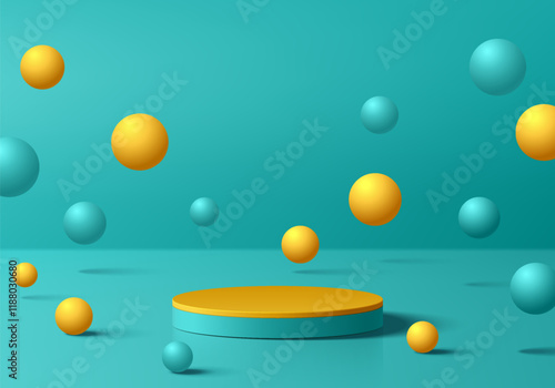 Blue 3D cylindrical podium background with yellow, blue bounce ball. 3D Studio wall scene. Minimalist mockup pedestal. Abstract stand product display presentation, Stage for showcase. Vector design.