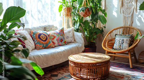 Wallpaper Mural Rustic Bohemian Corner with Woven Furniture and Textured Decor, 3d rendering Torontodigital.ca