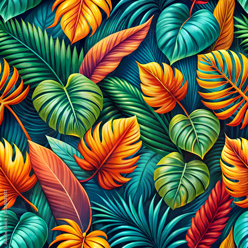 Vibrant tropical leaf pattern with a seamless design. Vibrant tropical leaf pattern with a seamless design.