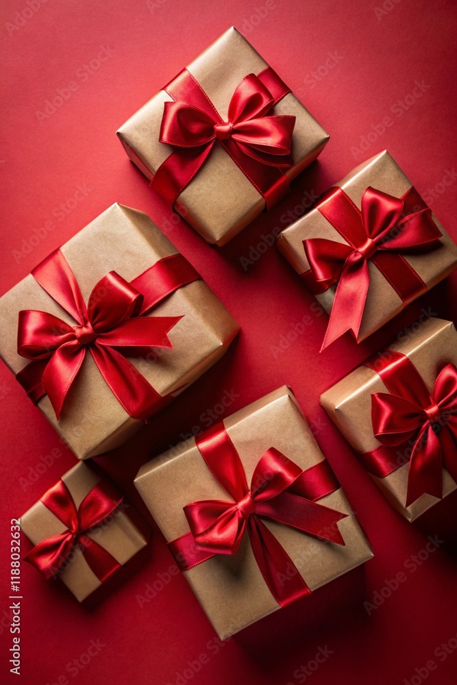 Top view photo of decorations gift boxes with red ribbon bow on dark red background. Top view photo of decorations gift boxes with red ribbon bow on dark red background.