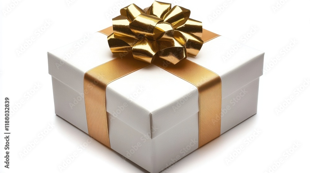 A close-up of a white gift box with a shiny gold ribbon and bow, set against a simple white background, ideal for elegant gift-wrapping concepts. A close-up of a white gift box with a shiny gold ribbon and bow, set against a simple white background, ideal for elegant gift-wrapping concepts.