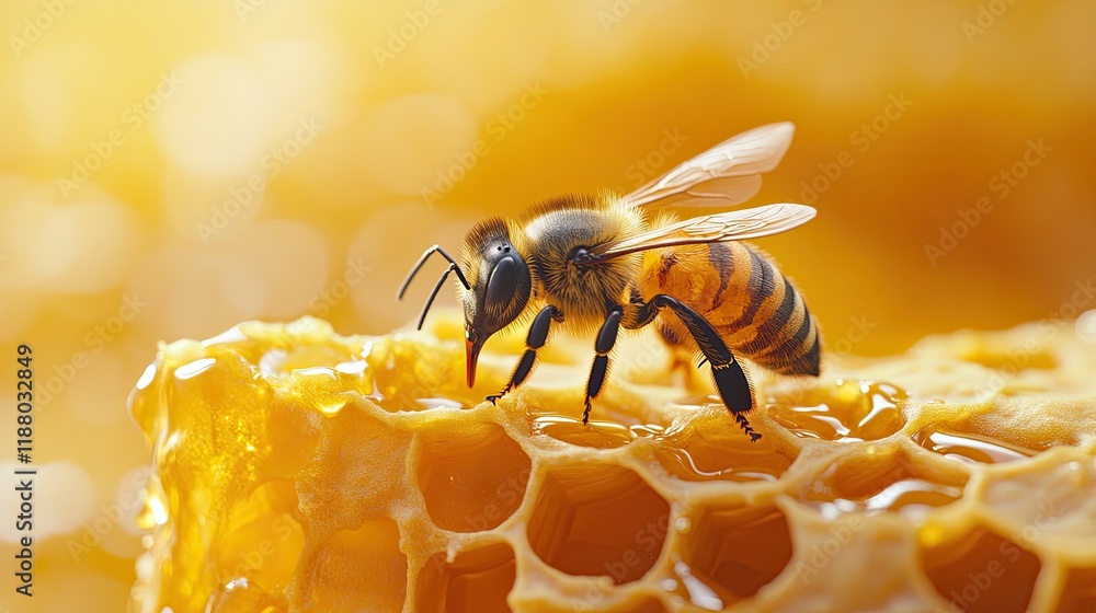 Honeybee approaching dripping honeycomb on a yellow background, symbolizing nature, productivity, teamwork, bees, and ecological concepts in a vibrant, nature-inspired design Honeybee approaching dripping honeycomb on a yellow background, symbolizing nature, productivity, teamwork, bees, and ecological concepts in a vibrant, nature-inspired design