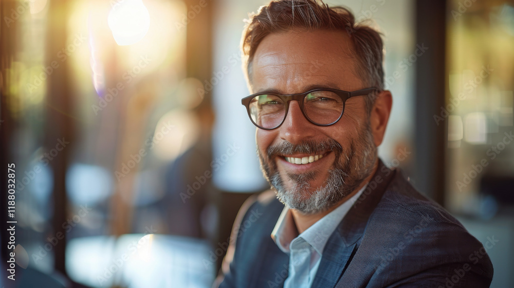 Fototapeta premium Smiling mature man with glasses and beard outdoors in soft light radiating positivist and warmth