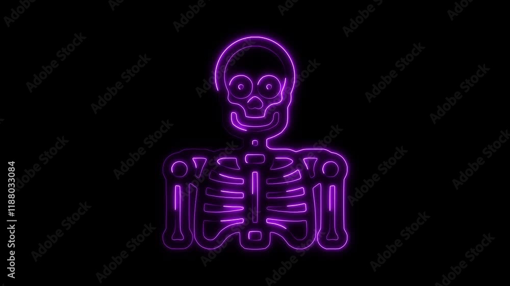 Glowing Neon Skeleton Icon Animation on Black Background, HD Motion Graphic Representing Human Anatomy, Bone Structure, and Medical Health Glowing Neon Skeleton Icon Animation on Black Background, HD Motion Graphic Representing Human Anatomy, Bone Structure, and Medical Health