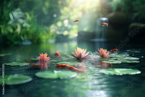 Pink lotus flowers blooming in a tranquil pond with reflections photo