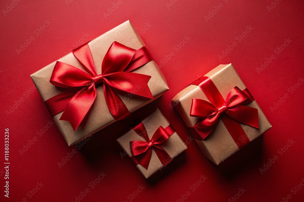 Top view photo of decorations gift boxes with red ribbon bow on dark red background. Top view photo of decorations gift boxes with red ribbon bow on dark red background.