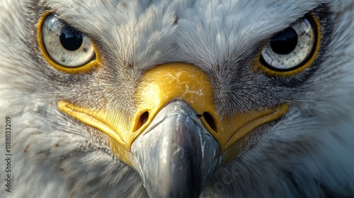 A close-up of a young Egyptian vultures sharp beak and intelligent eyes, captured in its natural habitat within Monfrage National Park. photo